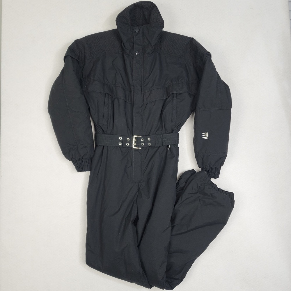 Vintage Nils One Piece Ski Suit Women 10 Black Quilted Shoulder Panels Zip Front